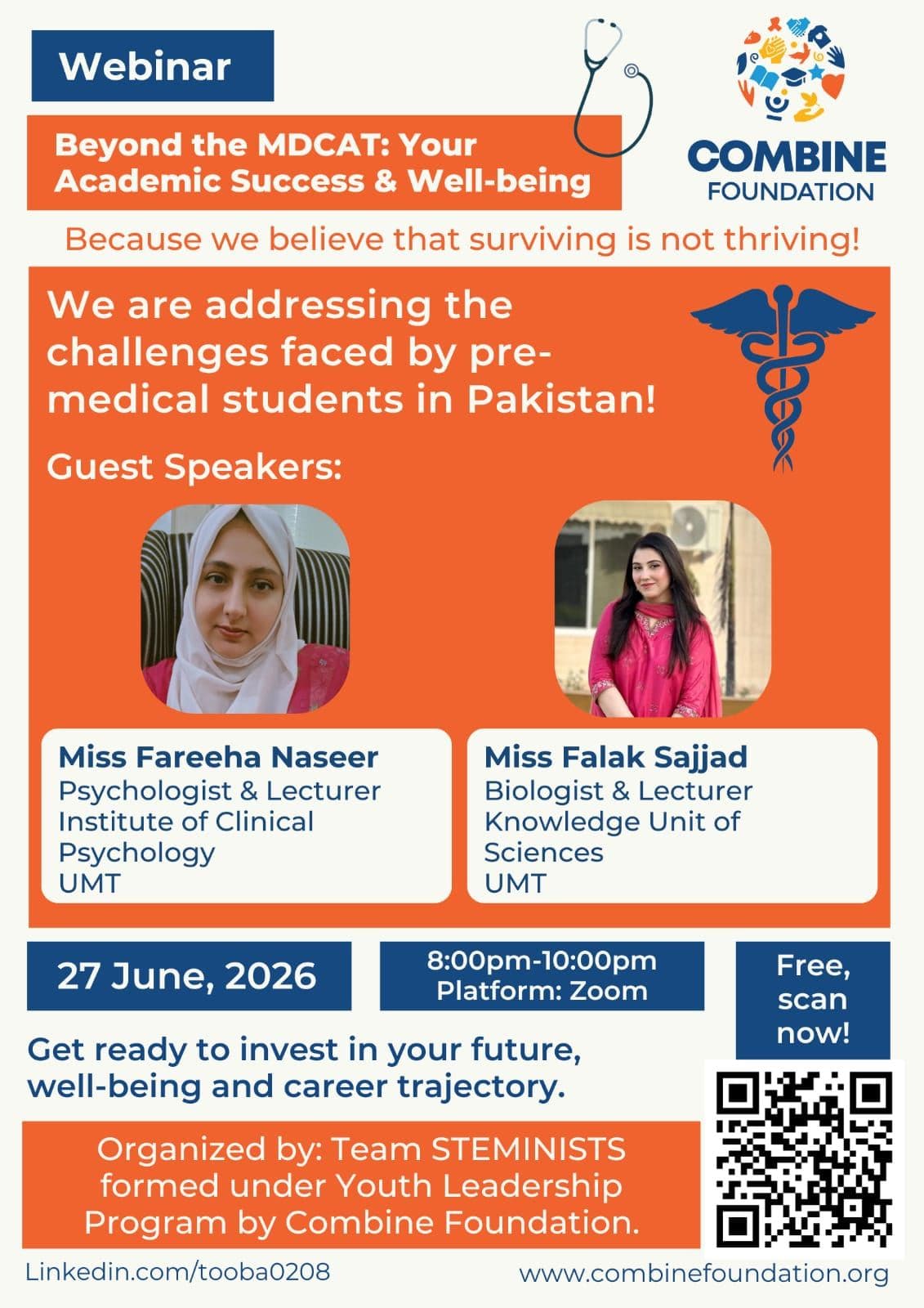 Webinar poster: Beyond the MDCAT, Your Academic Success and Well-being, organized by Team STEMINISTS under YLP